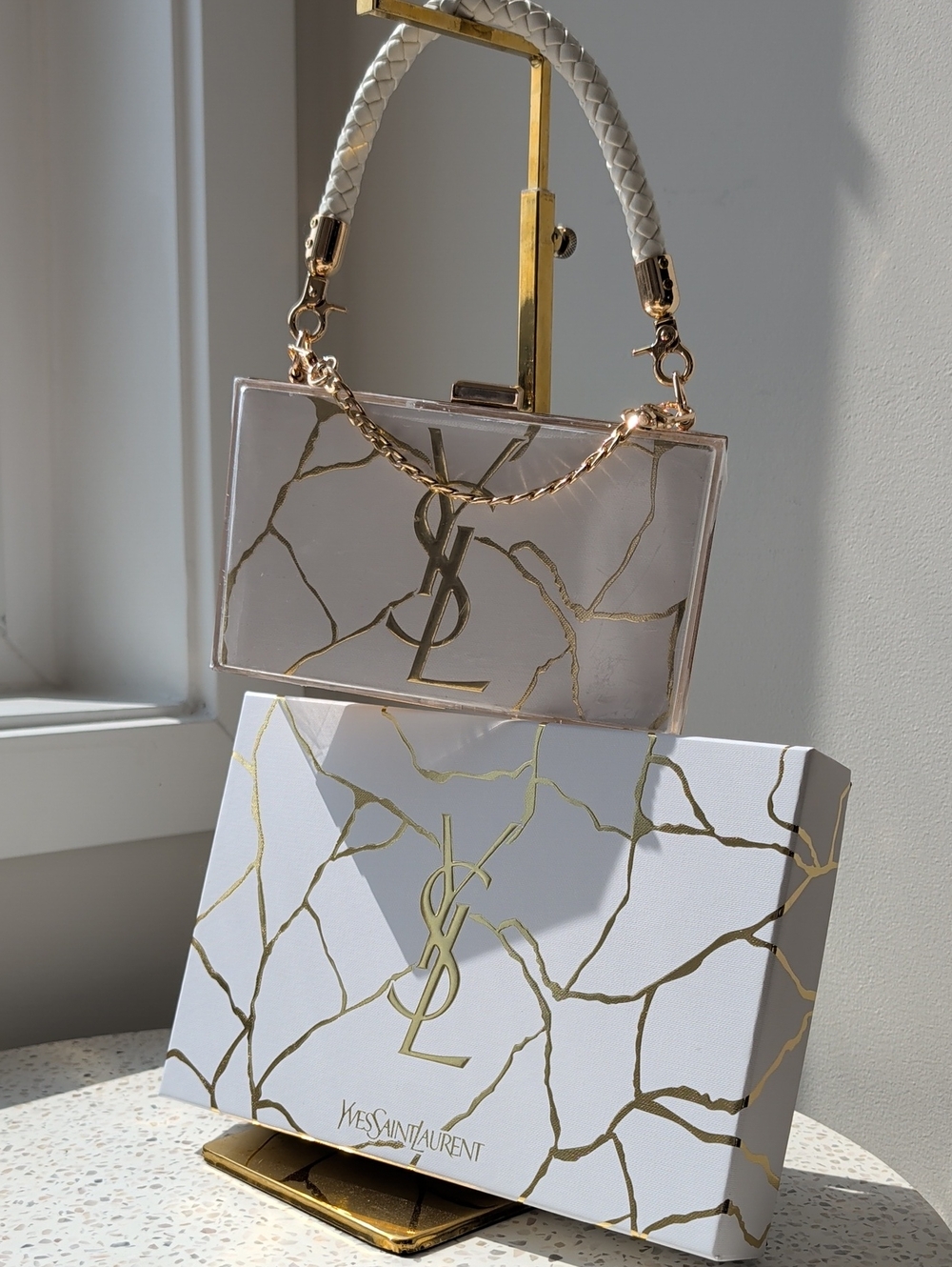 Upcycled Yves Saint Laurent (YSL) White and Gold Acrylic Box Bag set